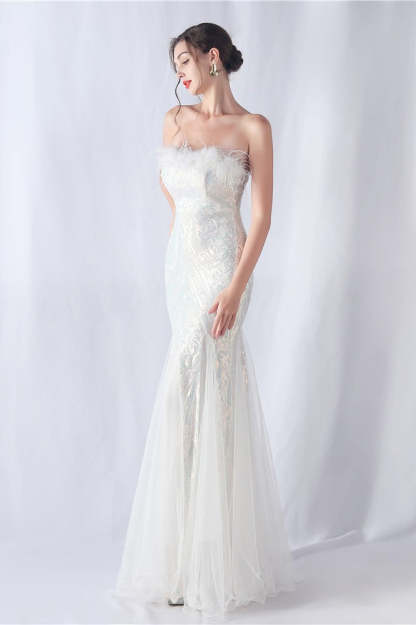 Ostrich Feather Sequin Evening Party Dress