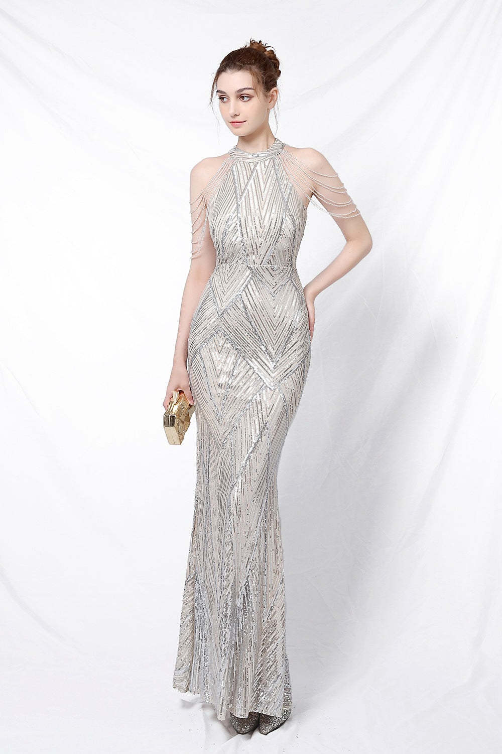 Sequin Halter Mermaid Maxi Party Dress Silver / S