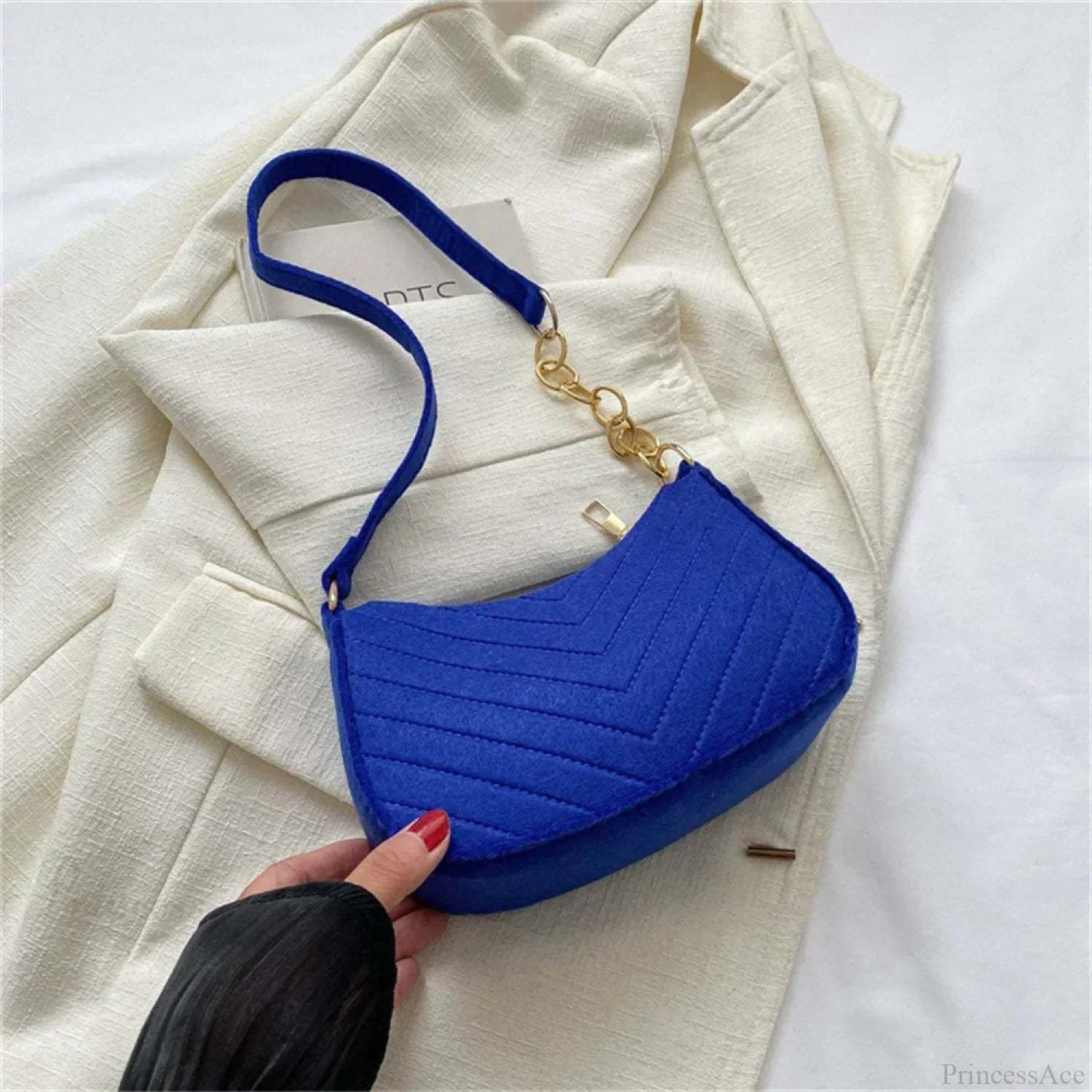 Felt Solid Color Retro Underarm Shoulder Bag Blue shoulder-250126