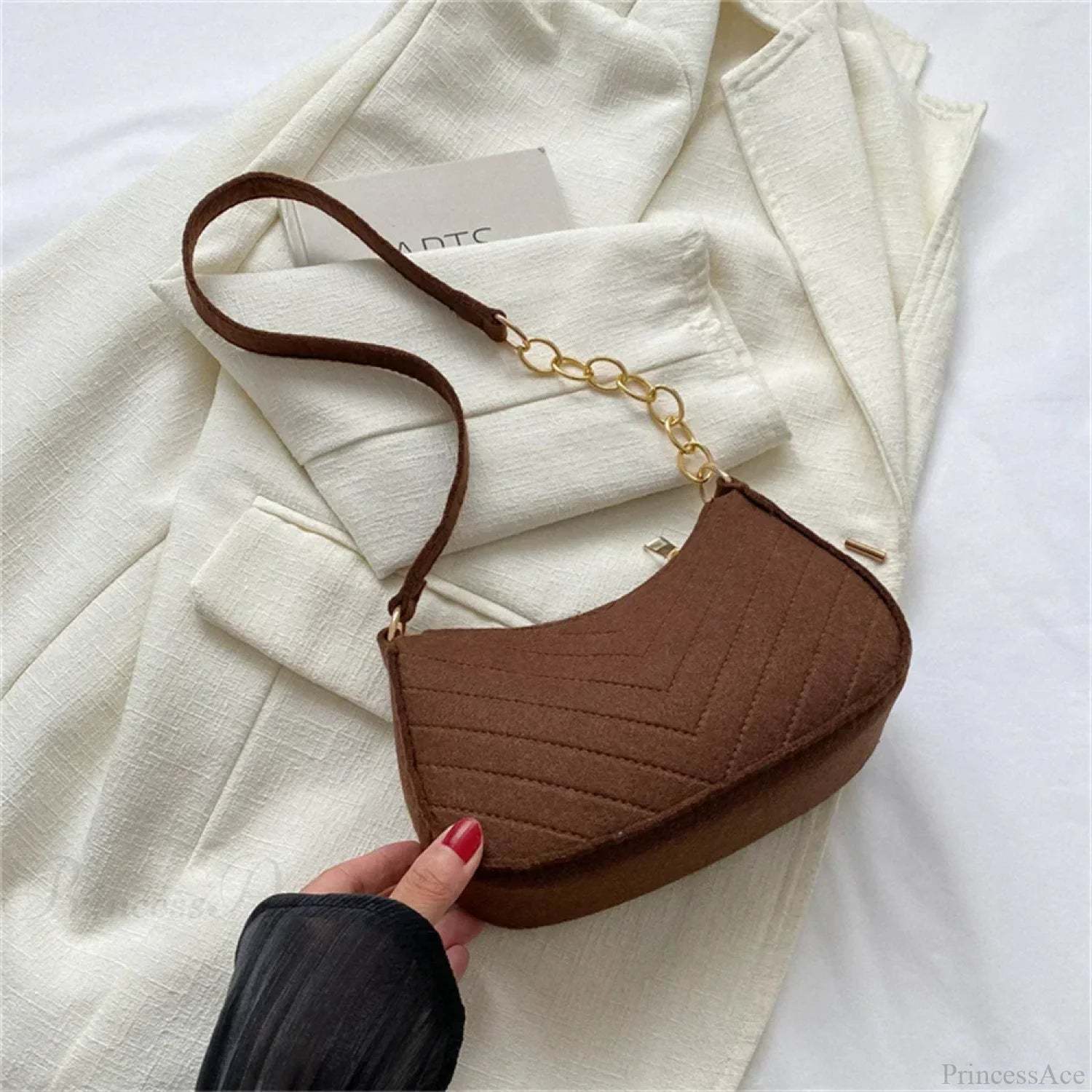 Felt Solid Color Retro Underarm Shoulder Bag Coffee shoulder-250126