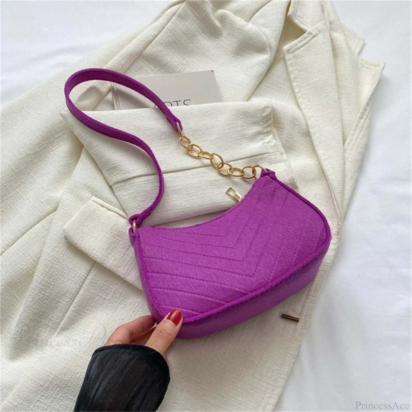 Felt Solid Color Retro Underarm Shoulder Bag Purple shoulder-250126