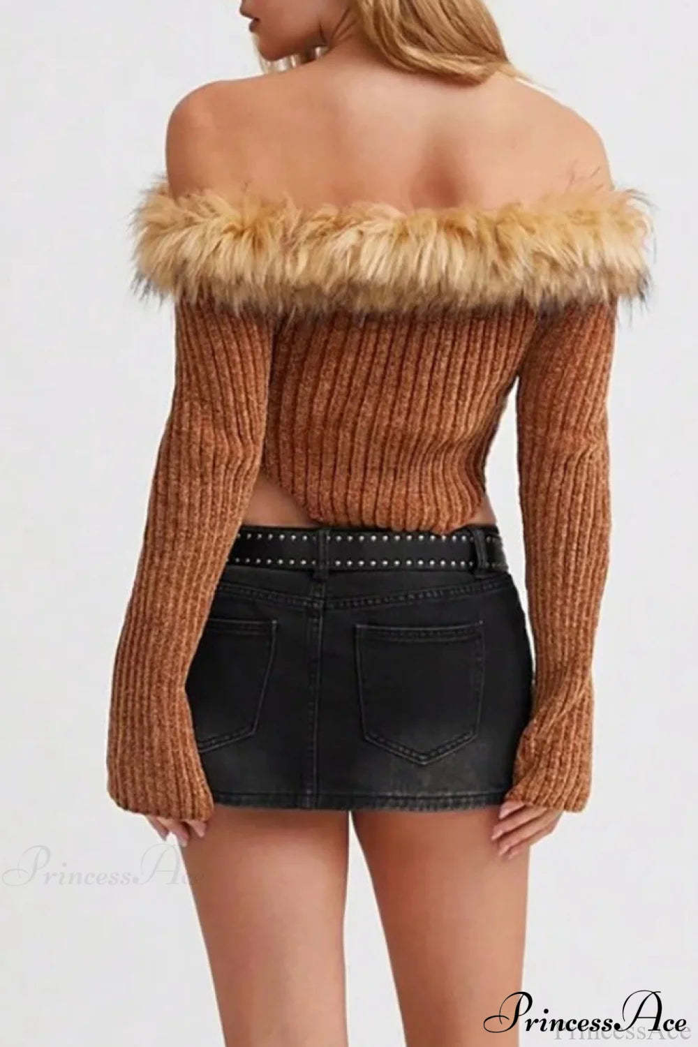 Fleece Collar Knit Off Shoulder Irregular Crop Top