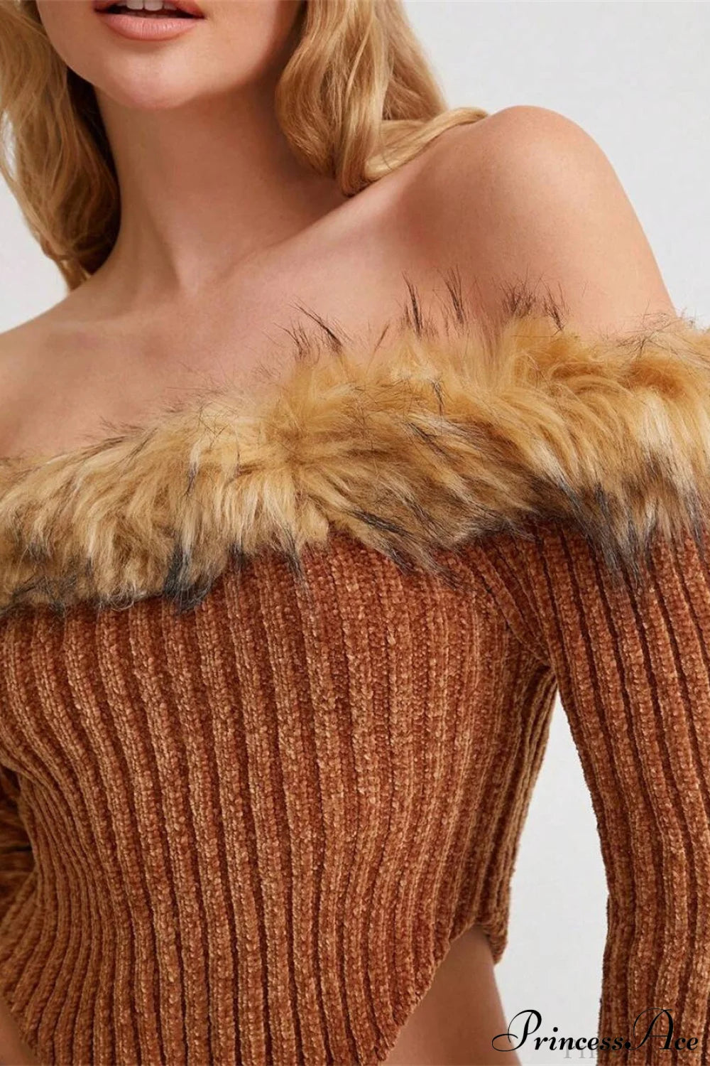 Fleece Collar Knit Off Shoulder Irregular Crop Top