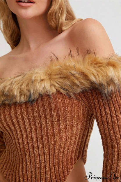 Fleece Collar Knit Off Shoulder Irregular Crop Top