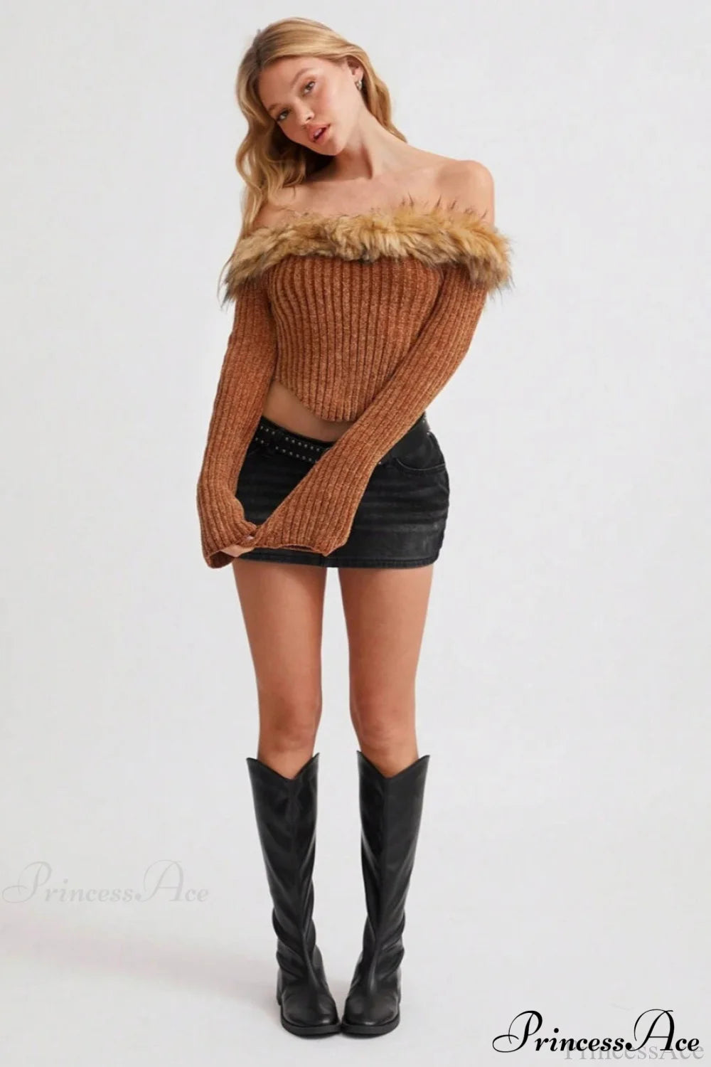 Fleece Collar Knit Off Shoulder Irregular Crop Top