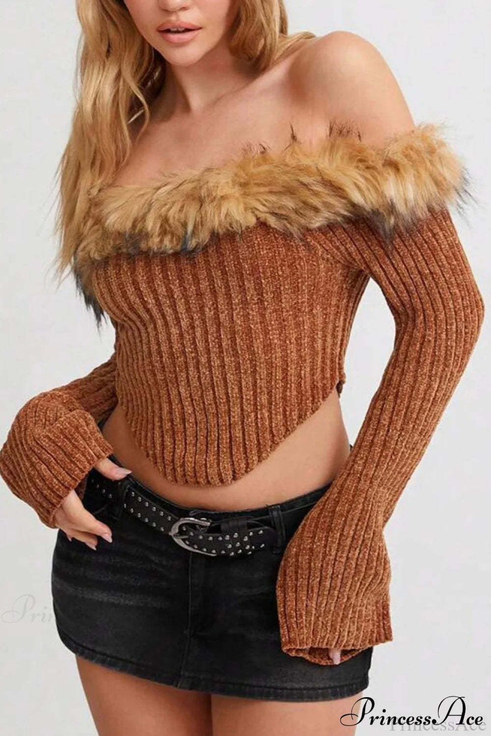Fleece Collar Knit Off Shoulder Irregular Crop Top Brown / S