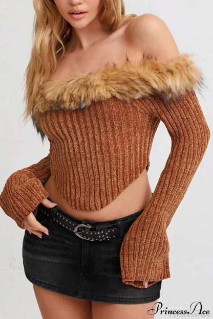 Fleece Collar Knit Off Shoulder Irregular Crop Top Brown / S