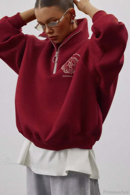 Fleece-Lined Letter Embroidery Stand Collar Half-Zip Sweatshirts Crimson / S