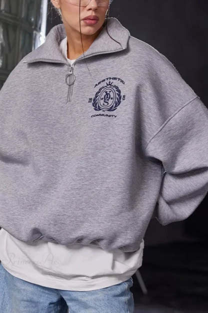 Fleece-Lined Letter Embroidery Stand Collar Half-Zip Sweatshirts Grey / S