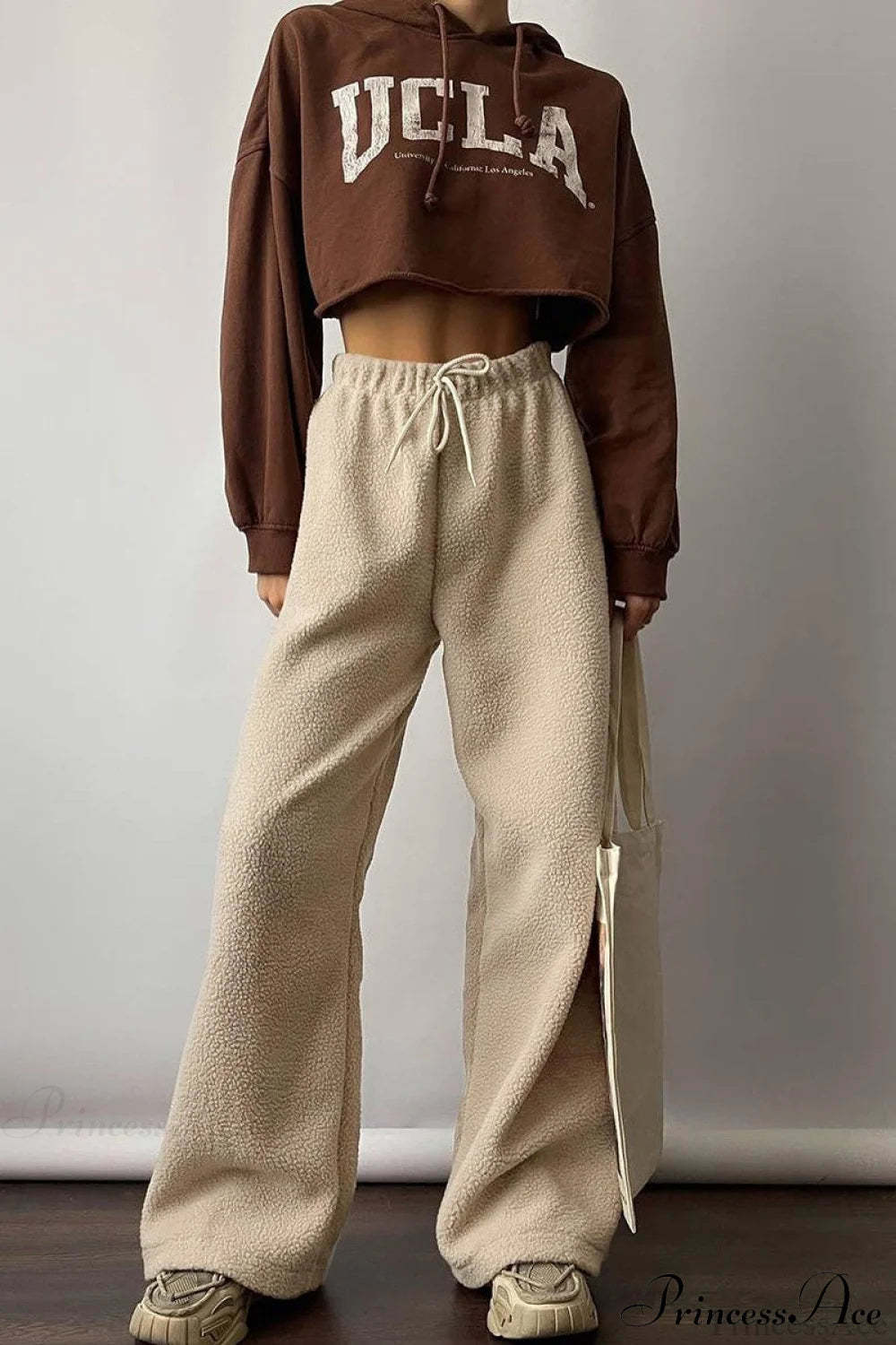 Fleece Wide Leg Relaxed Straight Pants Apricot / S