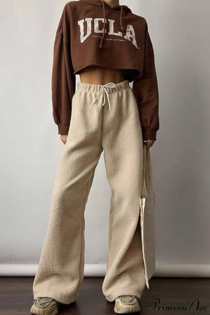 Fleece Wide Leg Relaxed Straight Pants Apricot / S