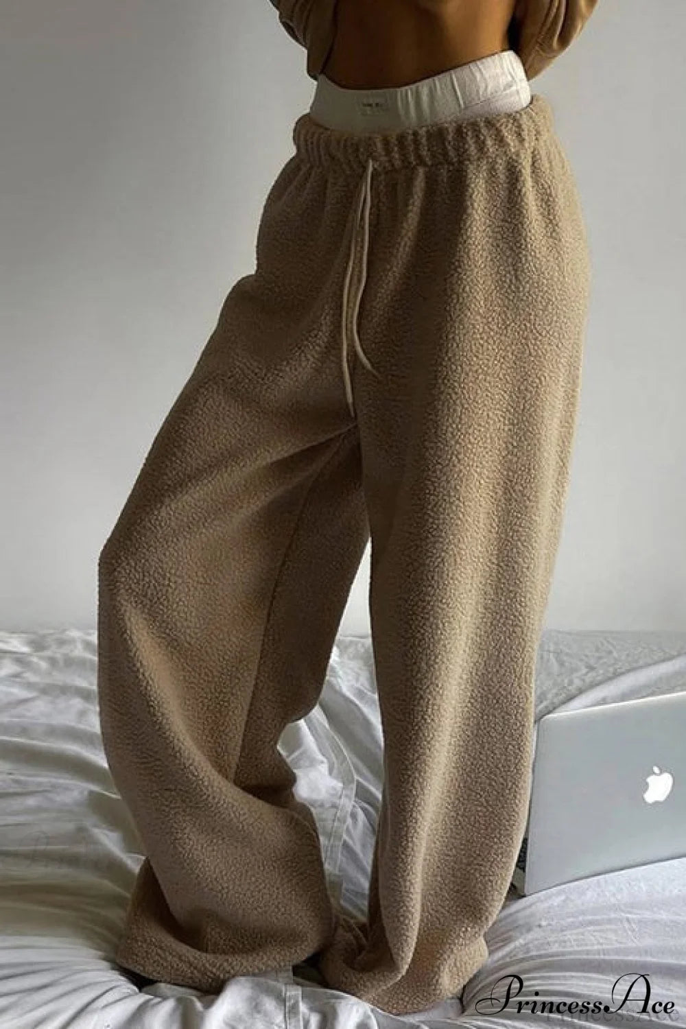 Fleece Wide Leg Relaxed Straight Pants Light Brown / S
