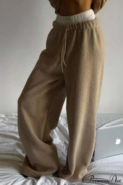 Fleece Wide Leg Relaxed Straight Pants Light Brown / S