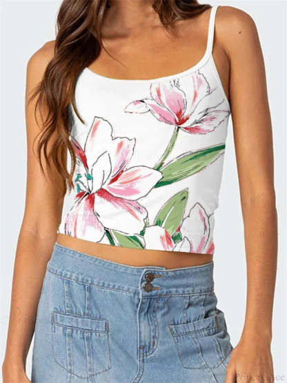 Floral Backless Spaghetti Strap Retro Crop Top WHITE3 / S croptop-250126