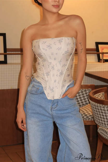 Floral Boned Back Tie Waist Cincher Corset White / S