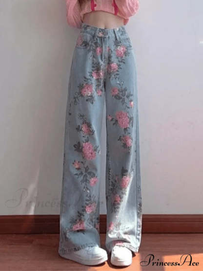 Floral Charming Flare Pants Blue / S Jeans
