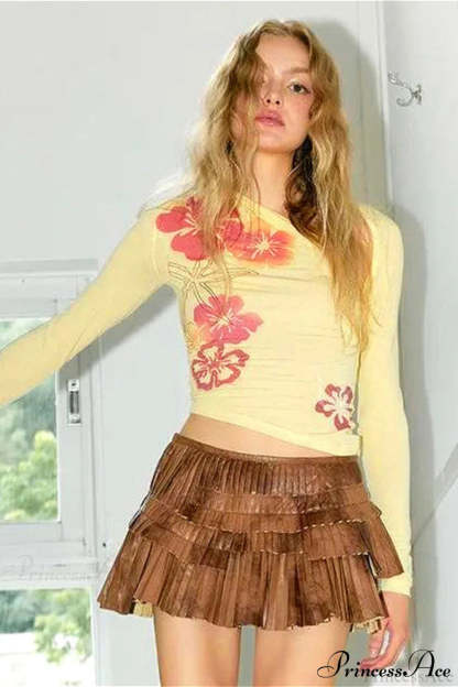 Floral Print Asymmetrical Neck Slim Long Sleeve Tee