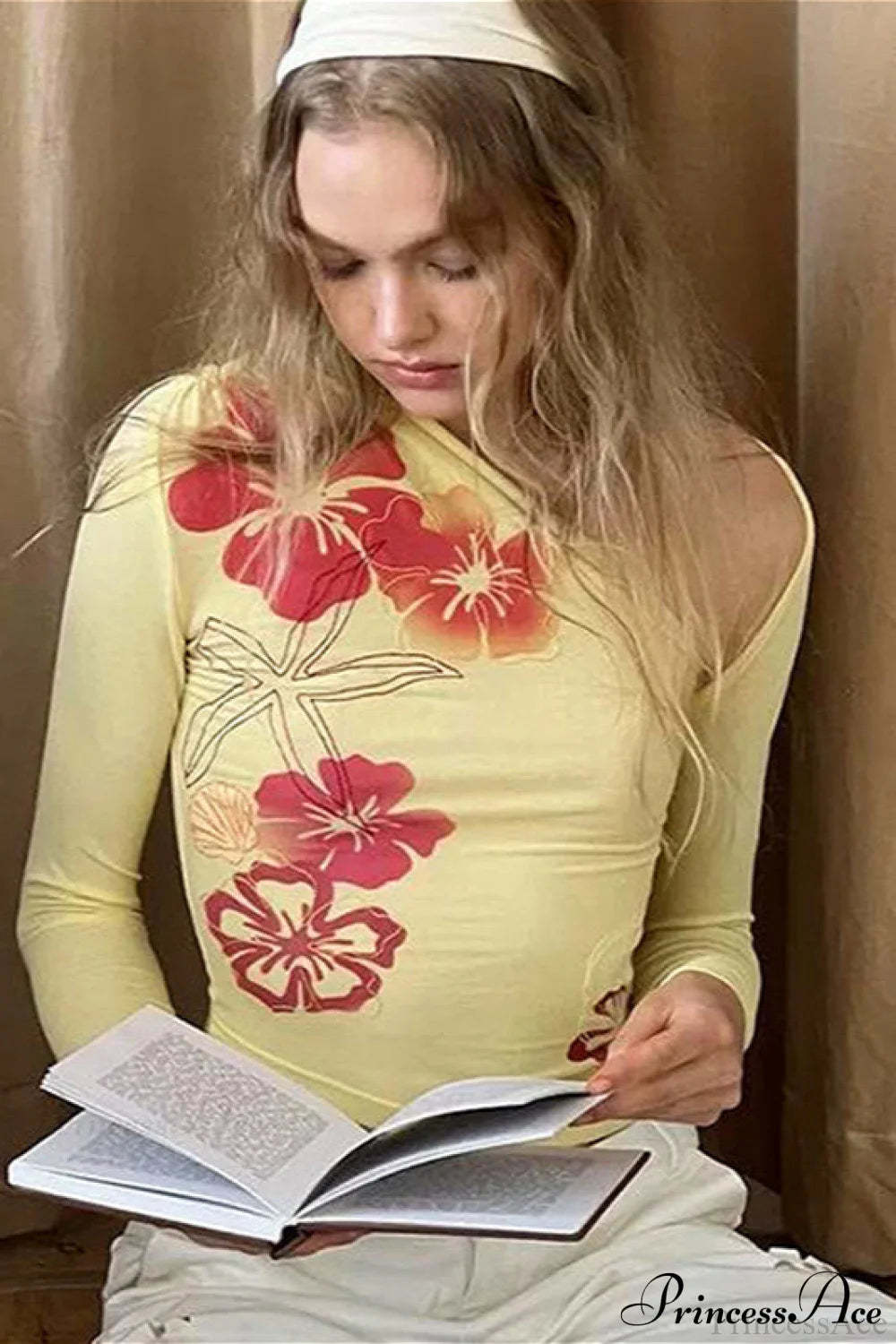 Floral Print Asymmetrical Neck Slim Long Sleeve Tee