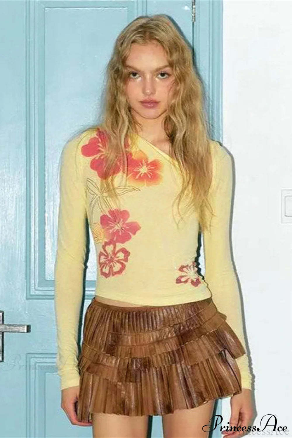 Floral Print Asymmetrical Neck Slim Long Sleeve Tee Yellow / S