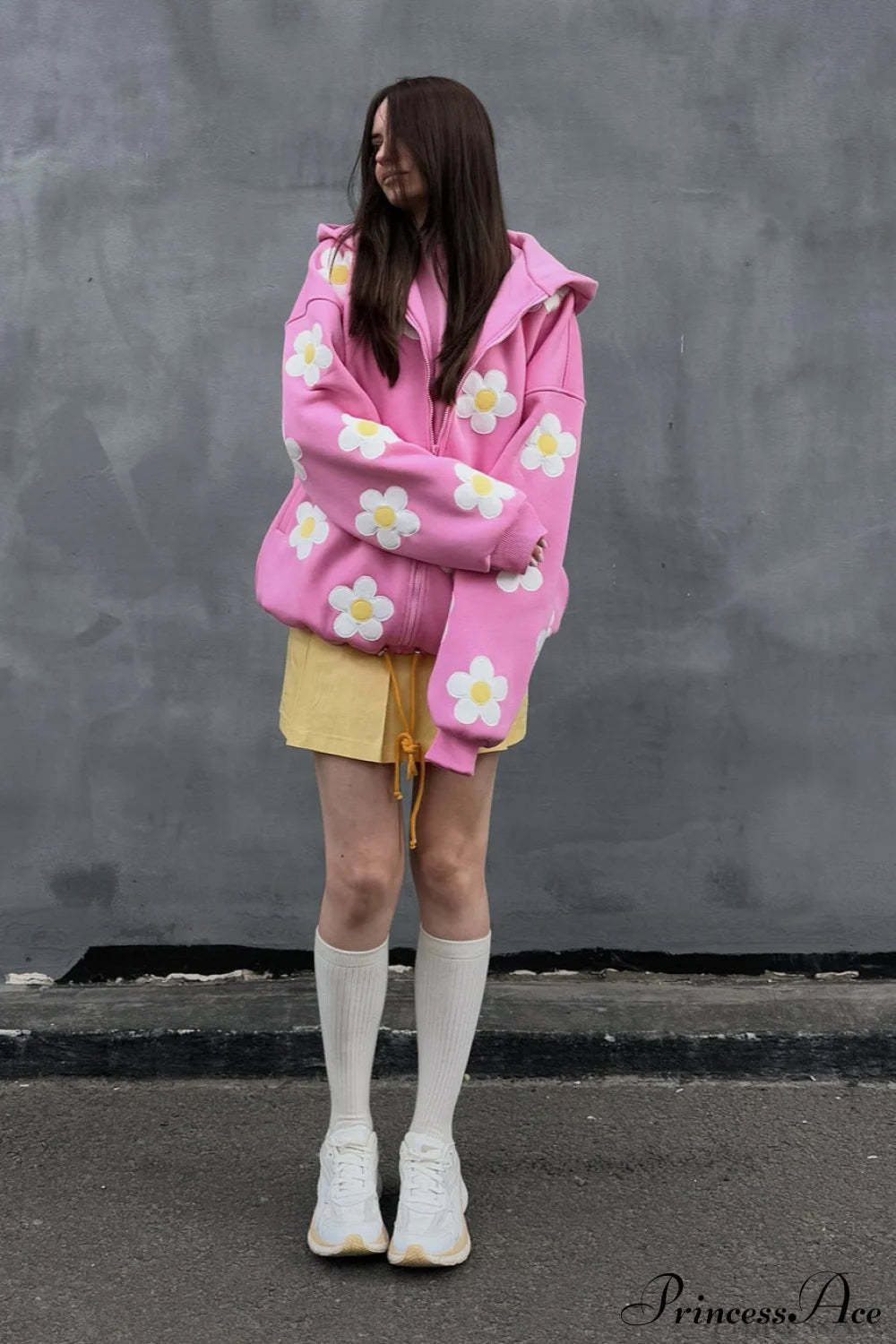 Flower Applique Loose Zip Hoodie