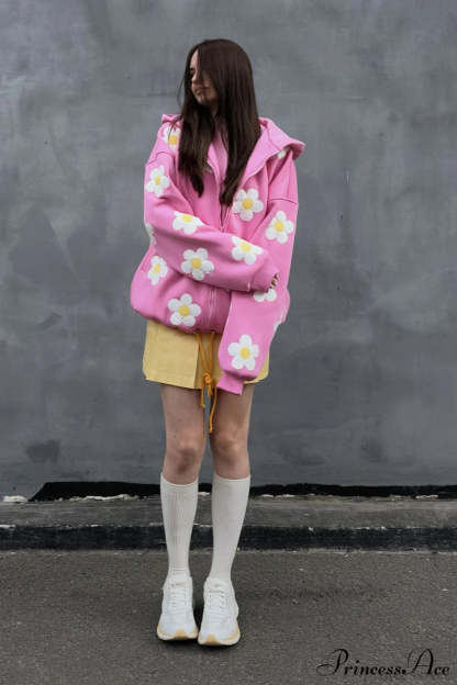Flower Applique Loose Zip Hoodie