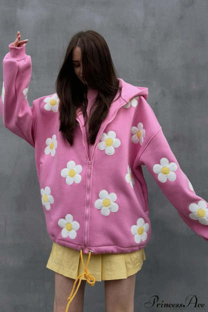 Flower Applique Loose Zip Hoodie Pink / S