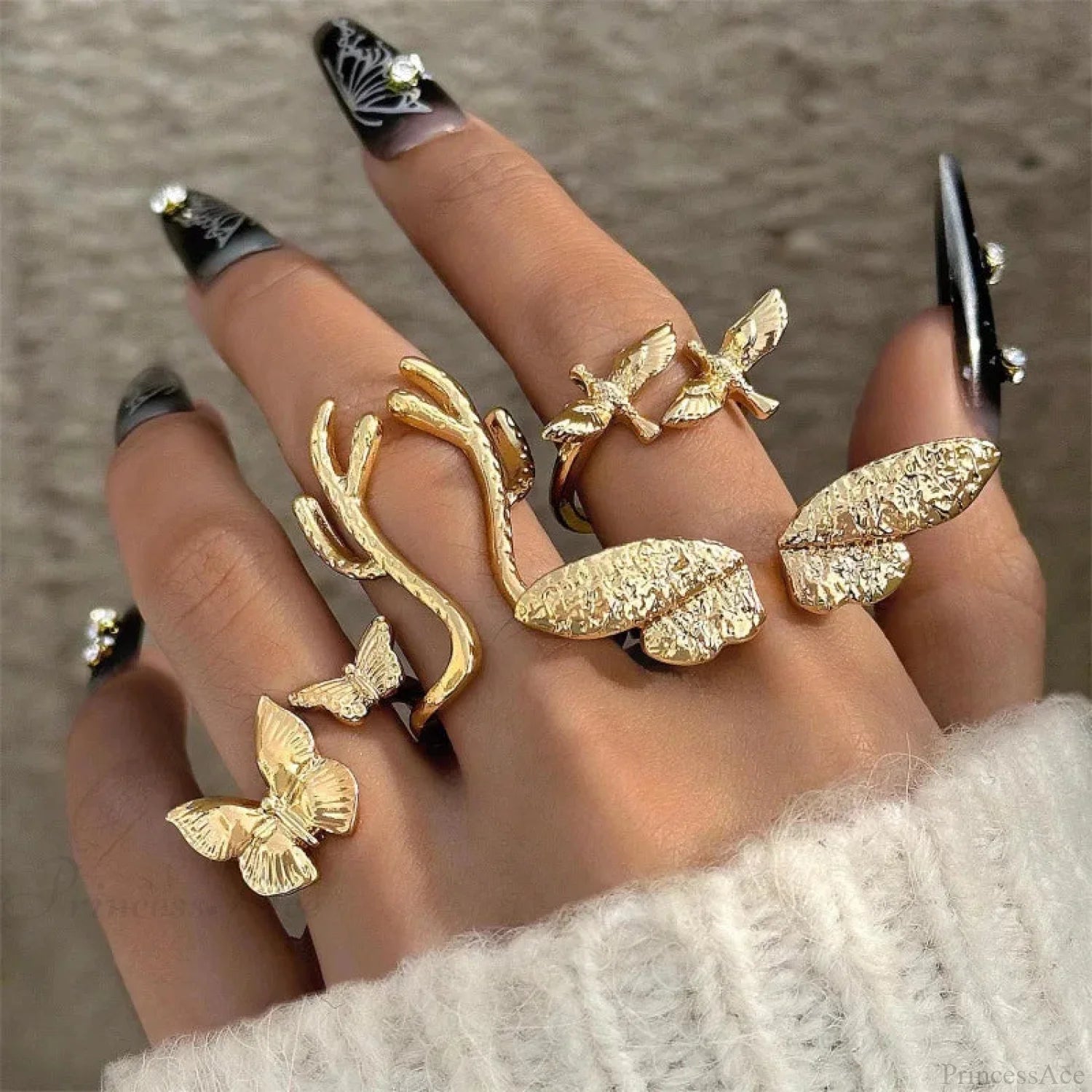 Four Piece Gothic Butterfly Ring gold color