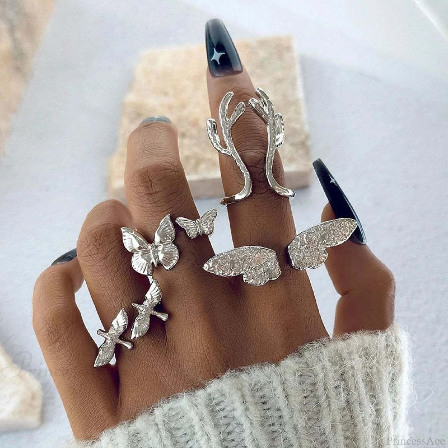 Four Piece Gothic Butterfly Ring silver color