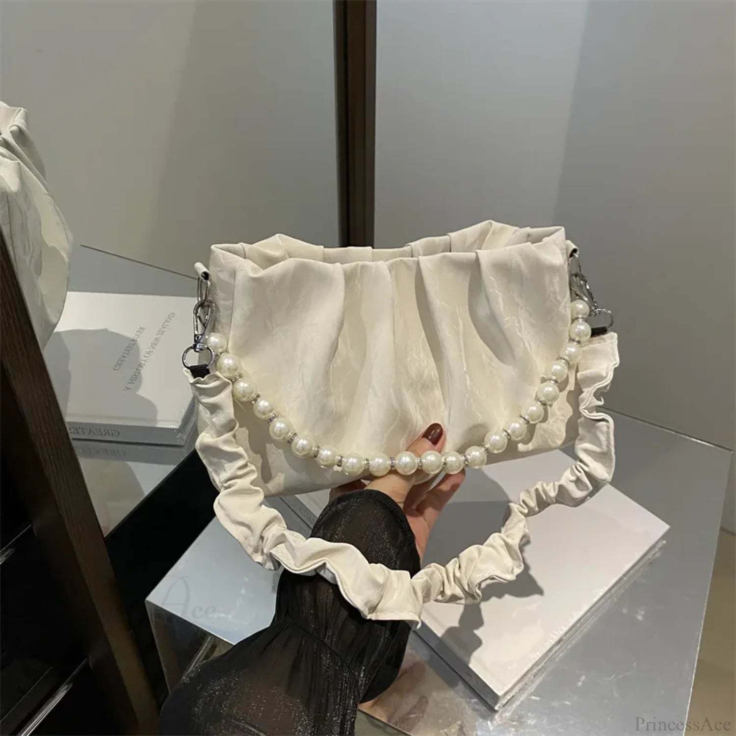 French Beaded Chain Pleated Underarm Crossbody Handbag handbag-250126