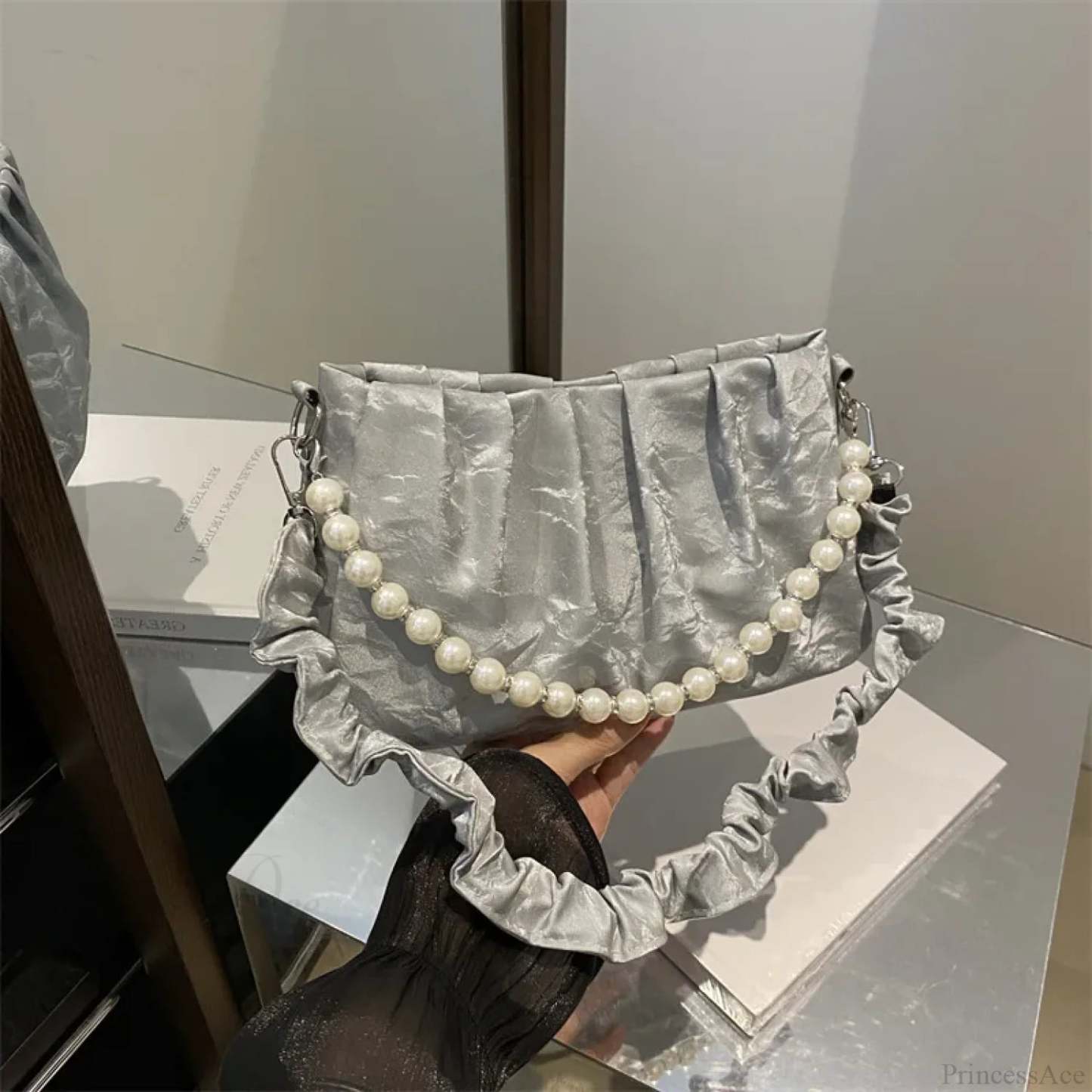 French Beaded Chain Pleated Underarm Crossbody Handbag handbag-250126