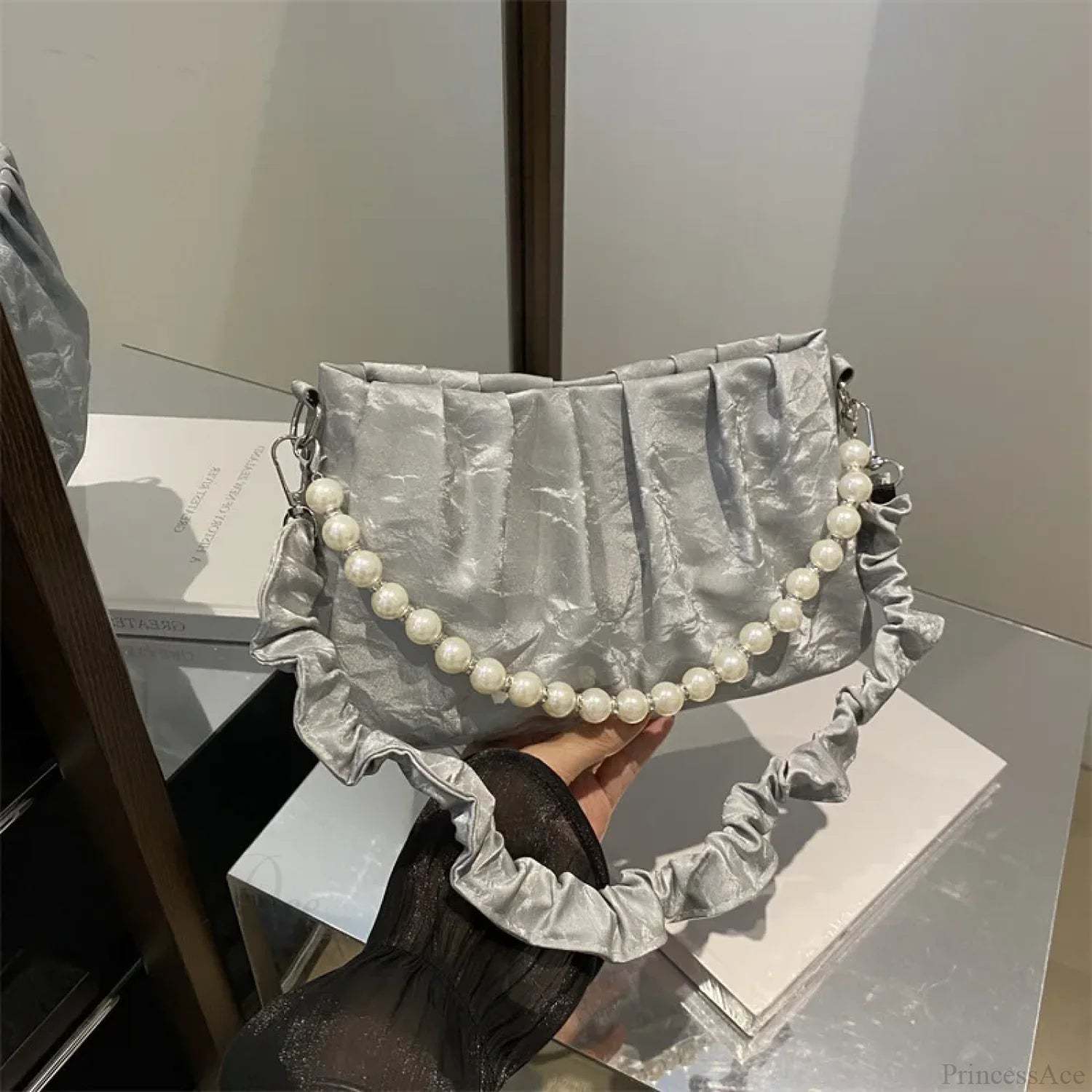 French Beaded Chain Pleated Underarm Crossbody Handbag handbag-250126