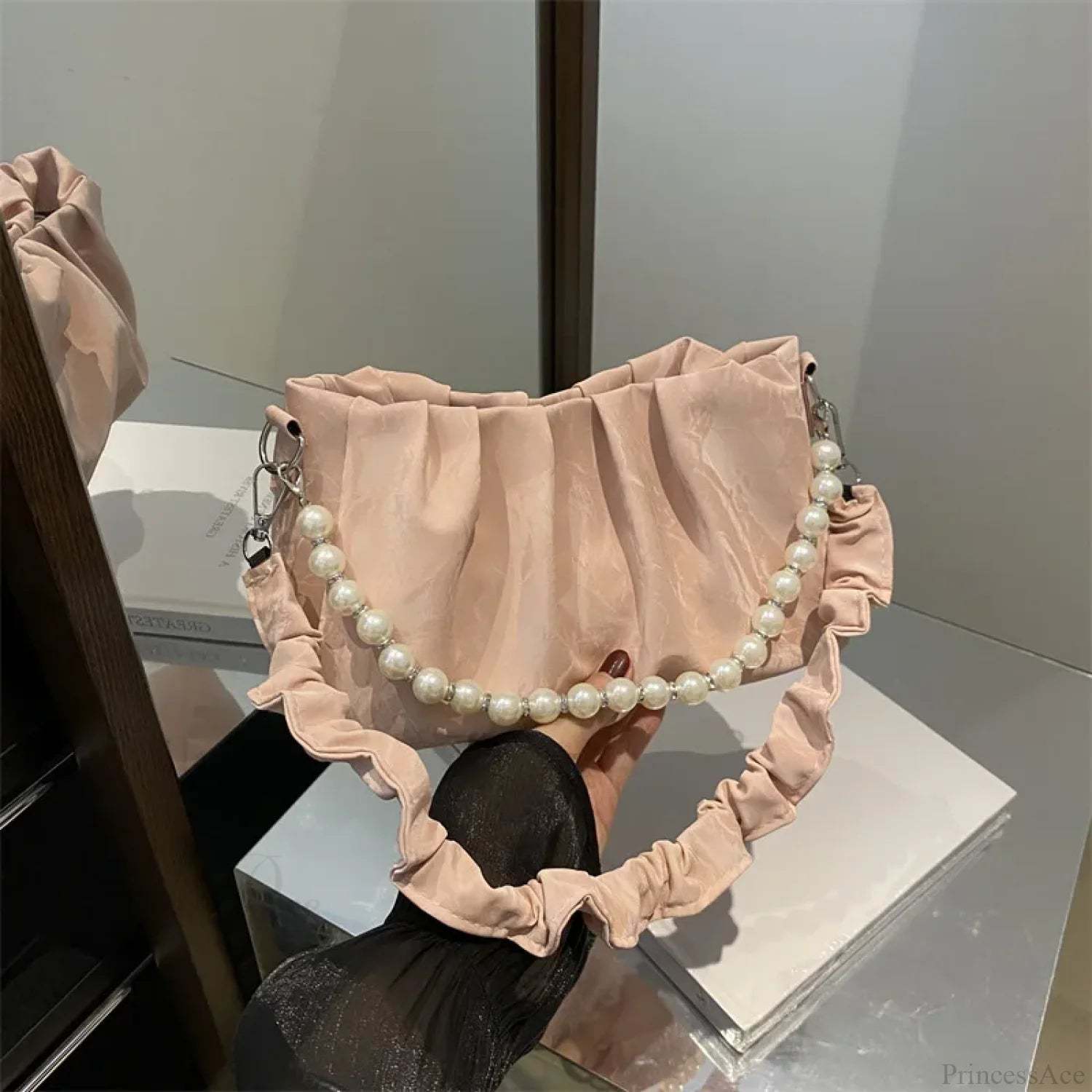 French Beaded Chain Pleated Underarm Crossbody Handbag handbag-250126