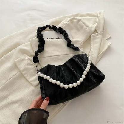 French Beaded Chain Pleated Underarm Crossbody Handbag Black handbag-250126