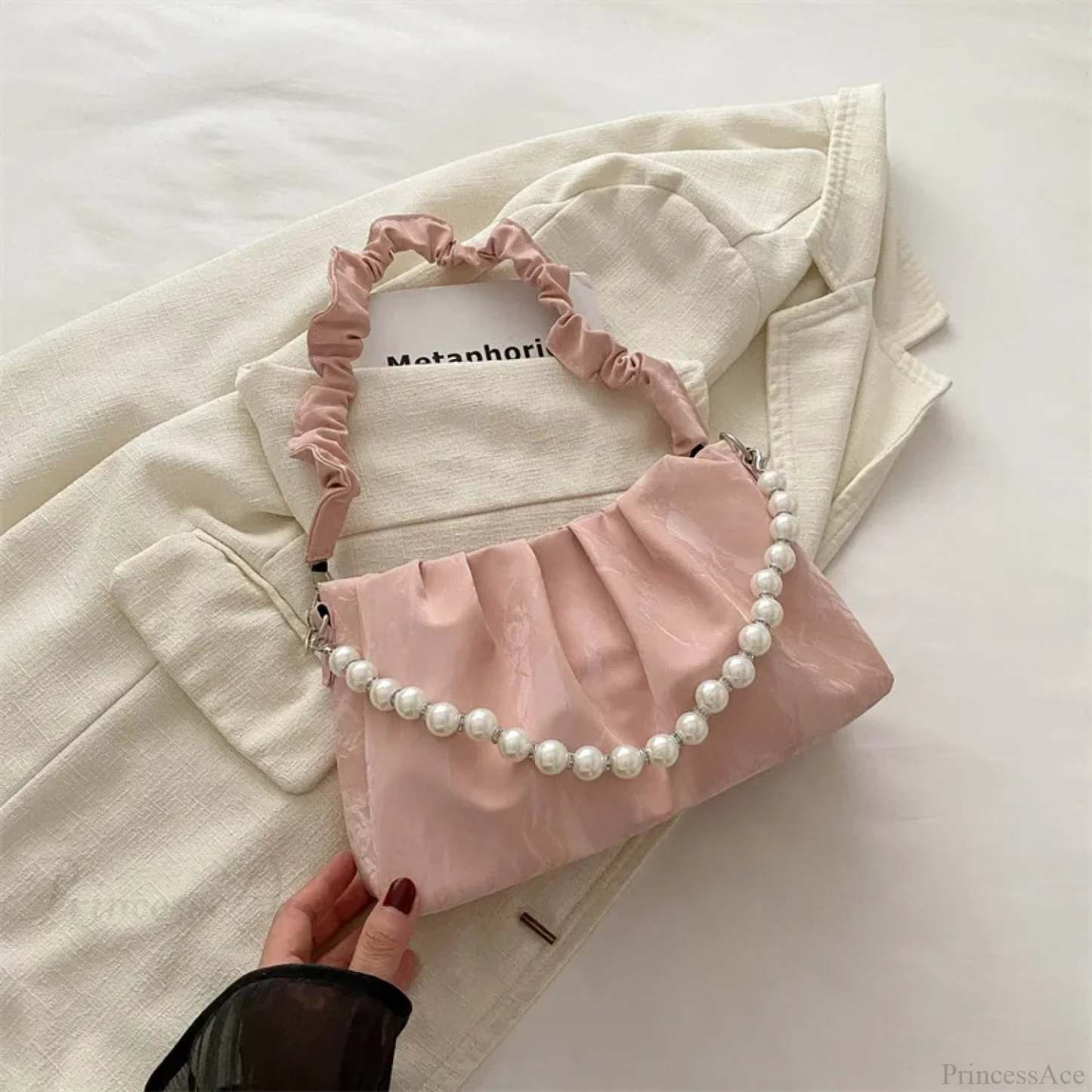 French Beaded Chain Pleated Underarm Crossbody Handbag Pink handbag-250126