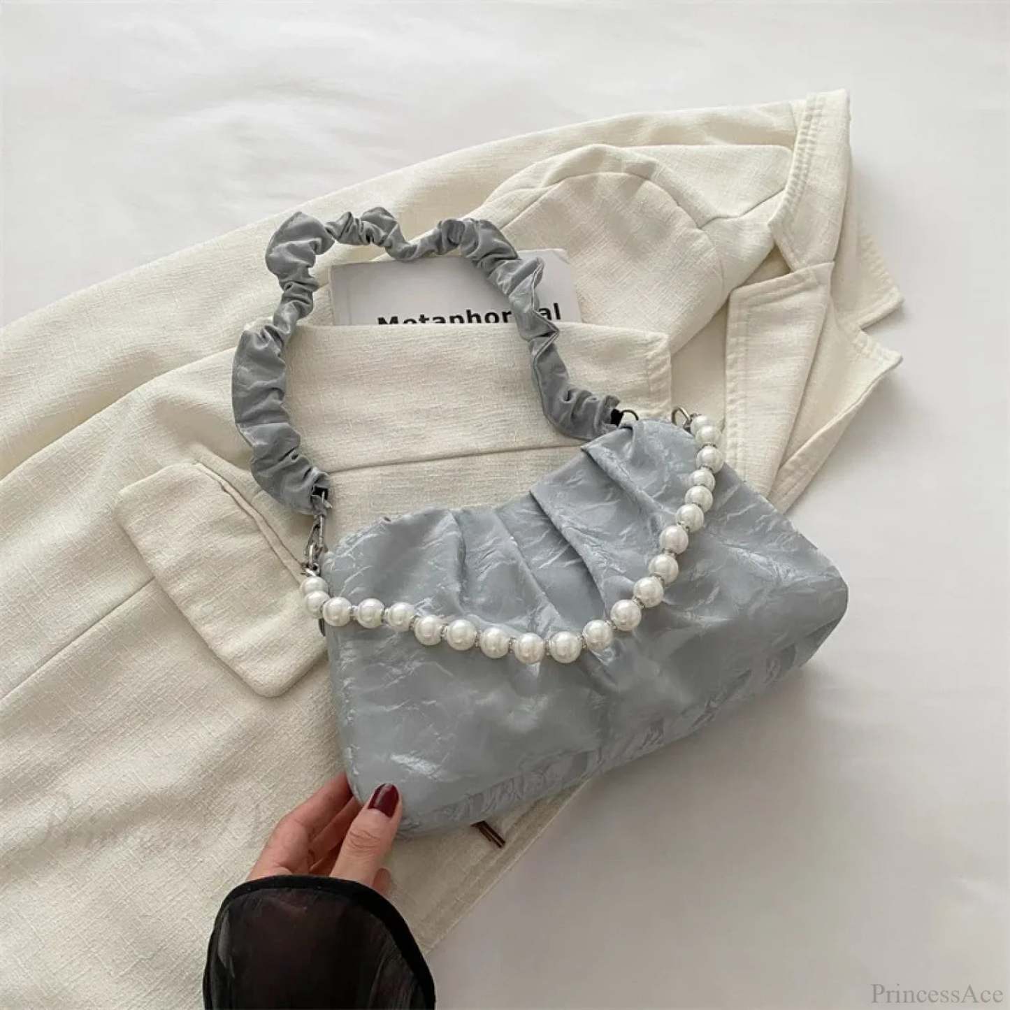 French Beaded Chain Pleated Underarm Crossbody Handbag silver handbag-250126