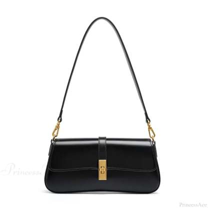 Genuine Leather Baguette Shoulder Bag Black shoulder-250126