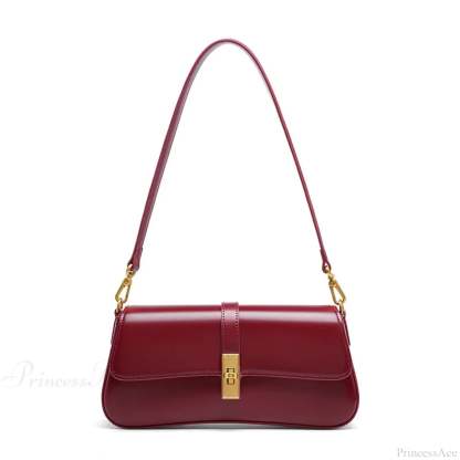 Genuine Leather Baguette Shoulder Bag wine red shoulder-250126