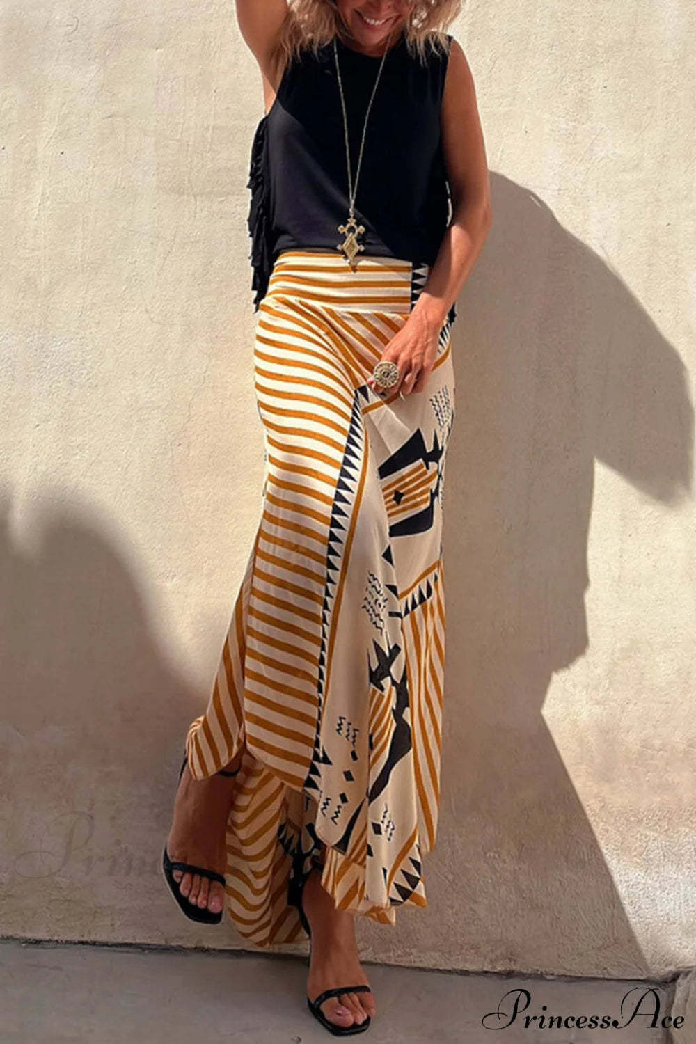 Geometric Print Elastic Charming Waist Maxi Skirt Dresses
