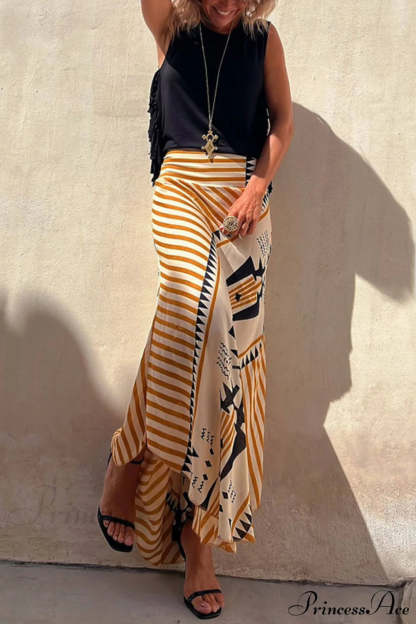 Geometric Print Elastic Charming Waist Maxi Skirt Dresses