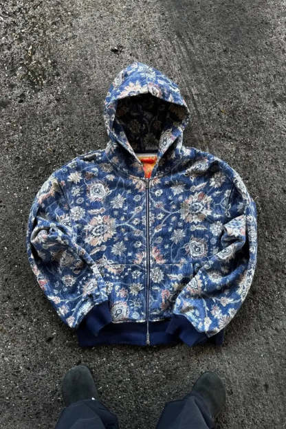 Gothic Full Pattern Printed Zipper Hoodie Blue / M
