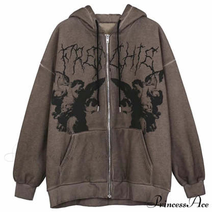 Gothic Punk Skeleton Print Hoody Jacket Brown / M