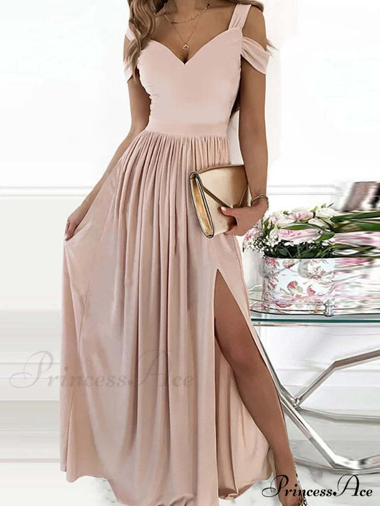 Gown Women’s Solid Butterfly Warm-Season High Party Fork Split Slim V Full-Length Arm Brief Neck