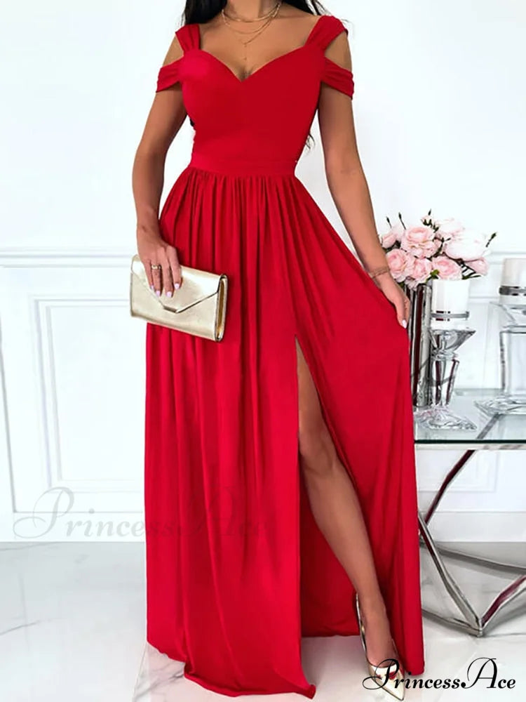 Gown Women’s Solid Butterfly Warm-Season High Party Fork Split Slim V Full-Length Arm Brief Neck