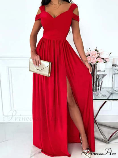 Gown Women’s Solid Butterfly Warm-Season High Party Fork Split Slim V Full-Length Arm Brief Neck