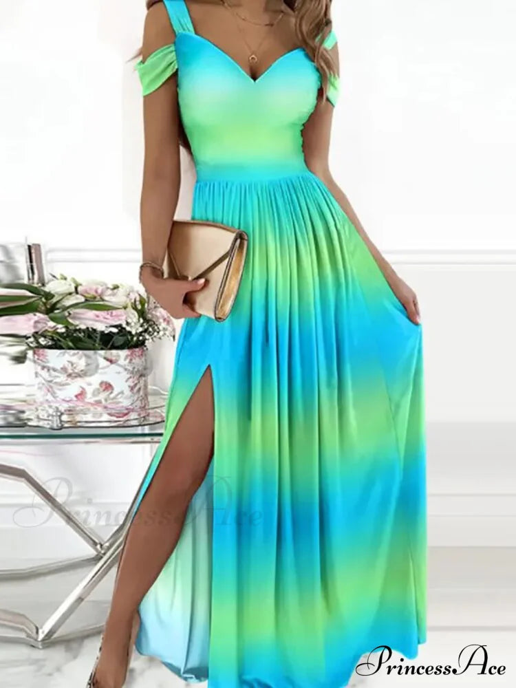 Gown Women’s Solid Butterfly Warm-Season High Party Fork Split Slim V Full-Length Arm Brief Neck