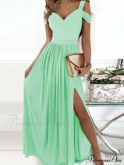 Gown Women’s Solid Butterfly Warm-Season High Party Fork Split Slim V Full-Length Arm Brief Neck