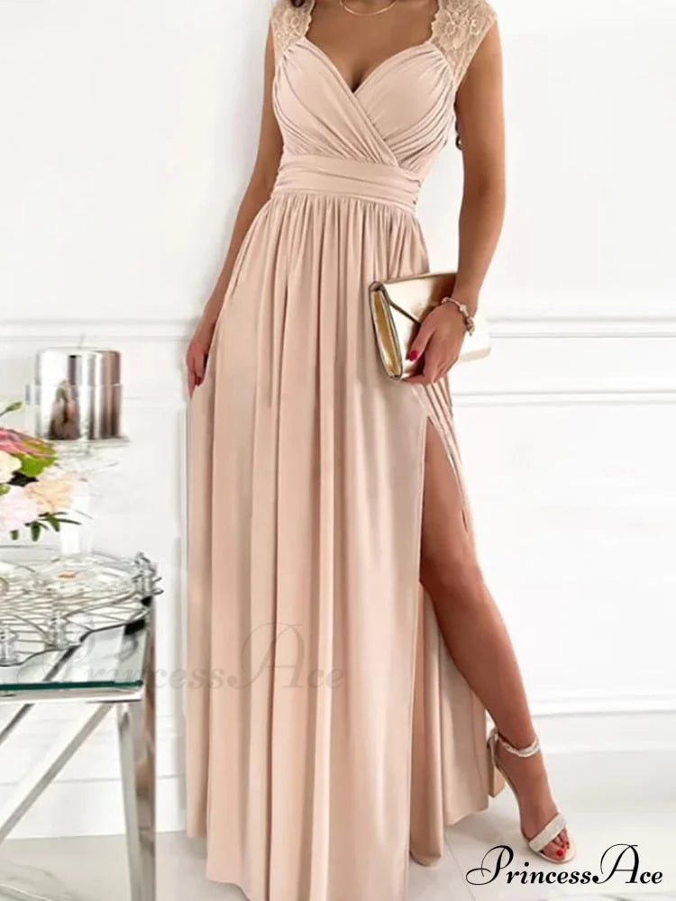 Gown Women’s Solid Butterfly Warm-Season High Party Fork Split Slim V Full-Length Arm Brief Neck