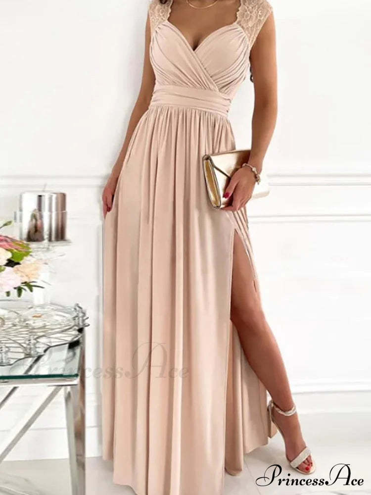 Gown Women’s Solid Butterfly Warm-Season High Party Fork Split Slim V Full-Length Arm Brief Neck