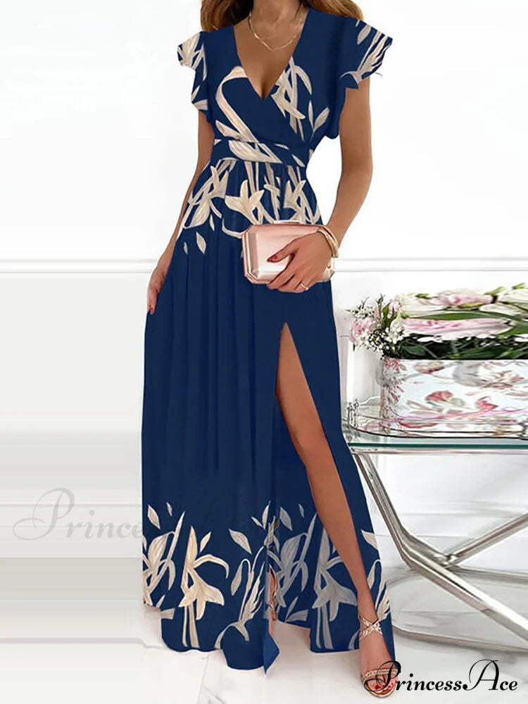 Gown Women’s Solid Butterfly Warm-Season High Party Fork Split Slim V Full-Length Arm Brief Neck