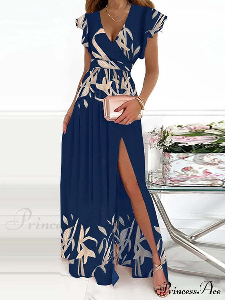 Gown Women’s Solid Butterfly Warm-Season High Party Fork Split Slim V Full-Length Arm Brief Neck